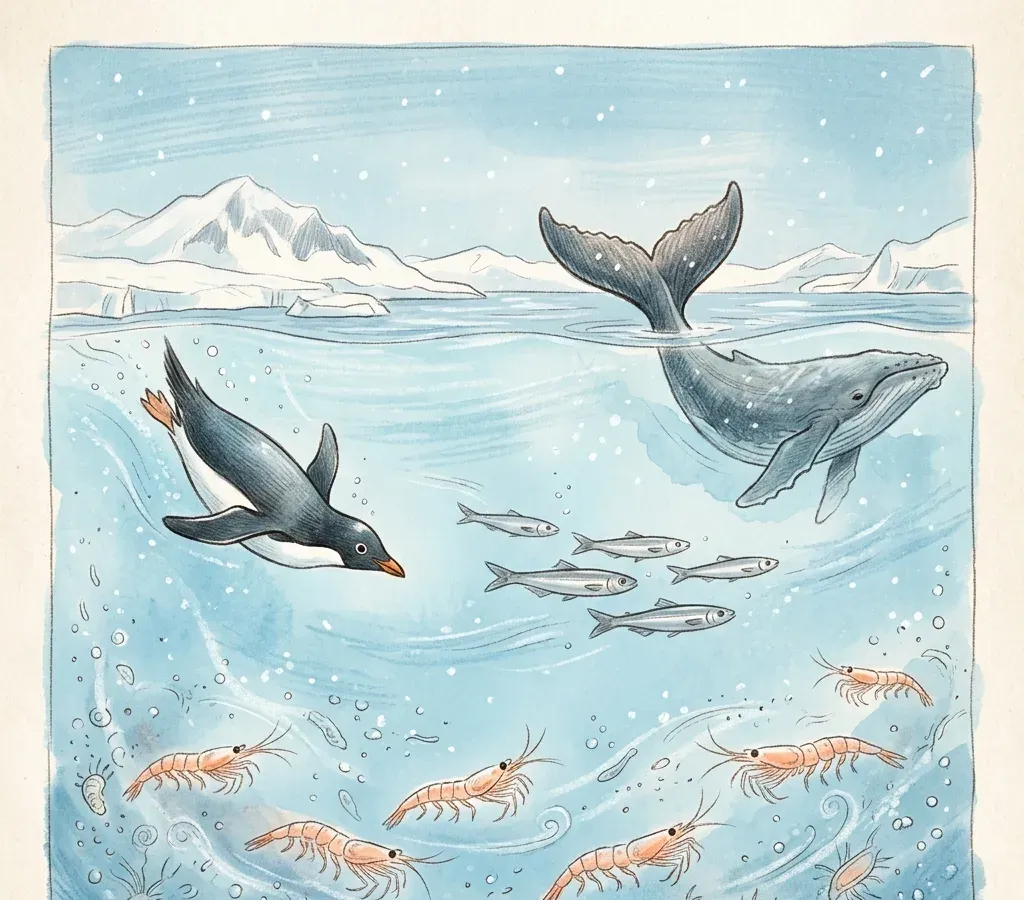 南極食物鏈與企鵝：磷蝦、海冰到豹海豹的能量網（南極生態）