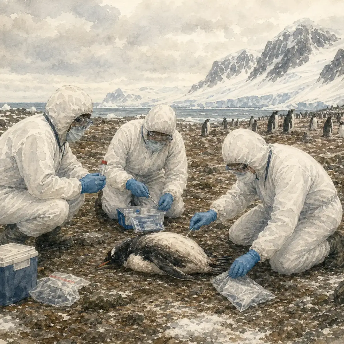 H5N1 與南極企鵝:南極半島 2024 年初的企鵝繁殖地,研究人員在此記錄到 H5N1 可疑死亡個體並進行取樣