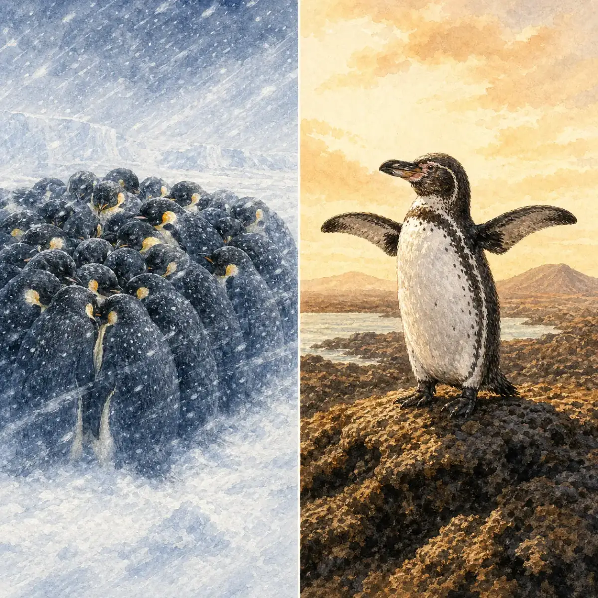 企鵝體溫調節:一張對比示意圖:左側帝企鵝(Aptenodytes forsteri)在暴風雪中緊密聚攏成 huddle 群,右側加拉巴哥企鵝(Spheniscus mendiculus)在岩岸張翼散熱,同框展示同一演化譜系的兩端適應