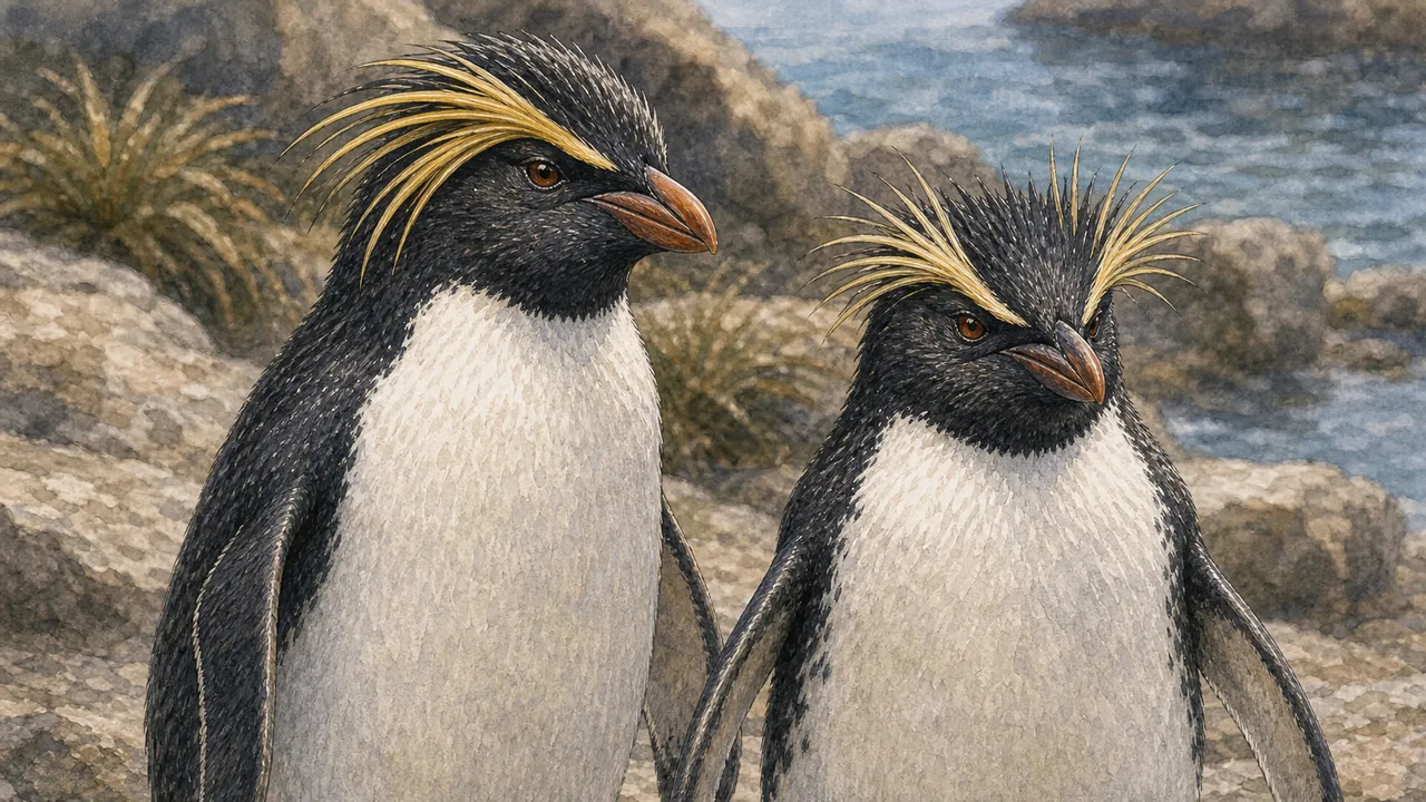 北方跳岩企鵝(Eudyptes moseleyi)站在 Biodôme 高岩上,黃色羽冠被冷色燈光照亮