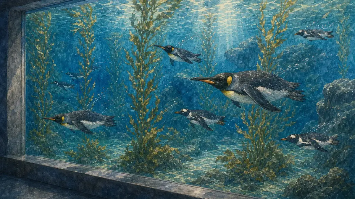新加坡 Bird Paradise Penguin Cove 中,國王企鵝 Aptenodytes patagonicus 和巴布亞企鵝 Pygoscelis papua 在冷藍色水下森林前游動