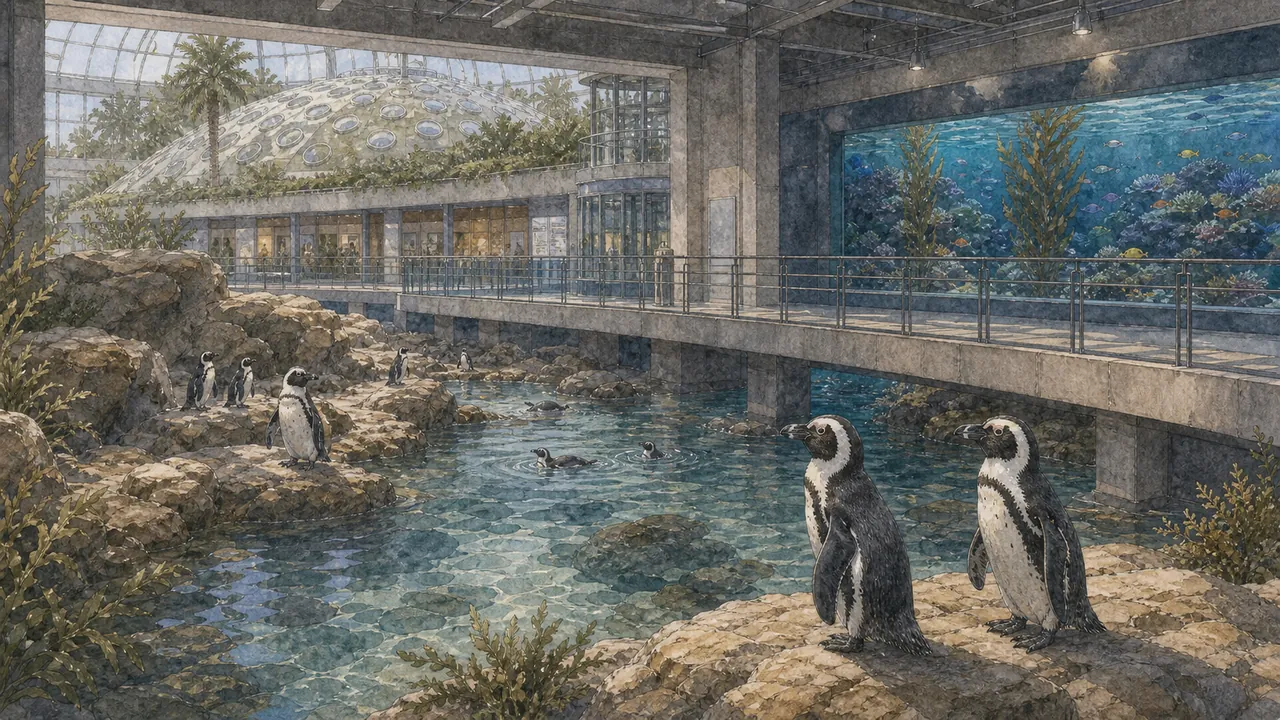 California Academy of Sciences Tusher African Hall 末端,非洲企鵝(Spheniscus demersus)群在 25,000 加侖玻璃水槽旁游動