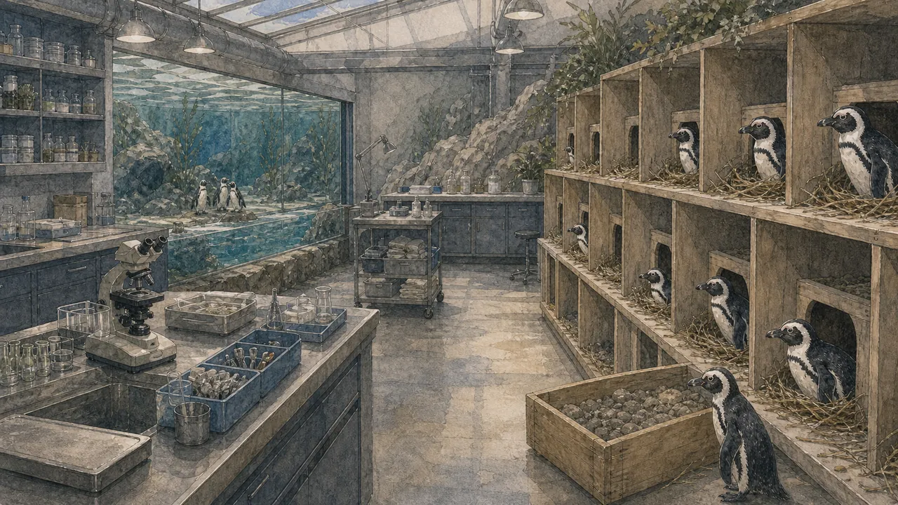 California Academy of Sciences 工作人員在玻璃後餵食非洲企鵝(Spheniscus demersus),企鵝排成鬆散隊伍等待魚