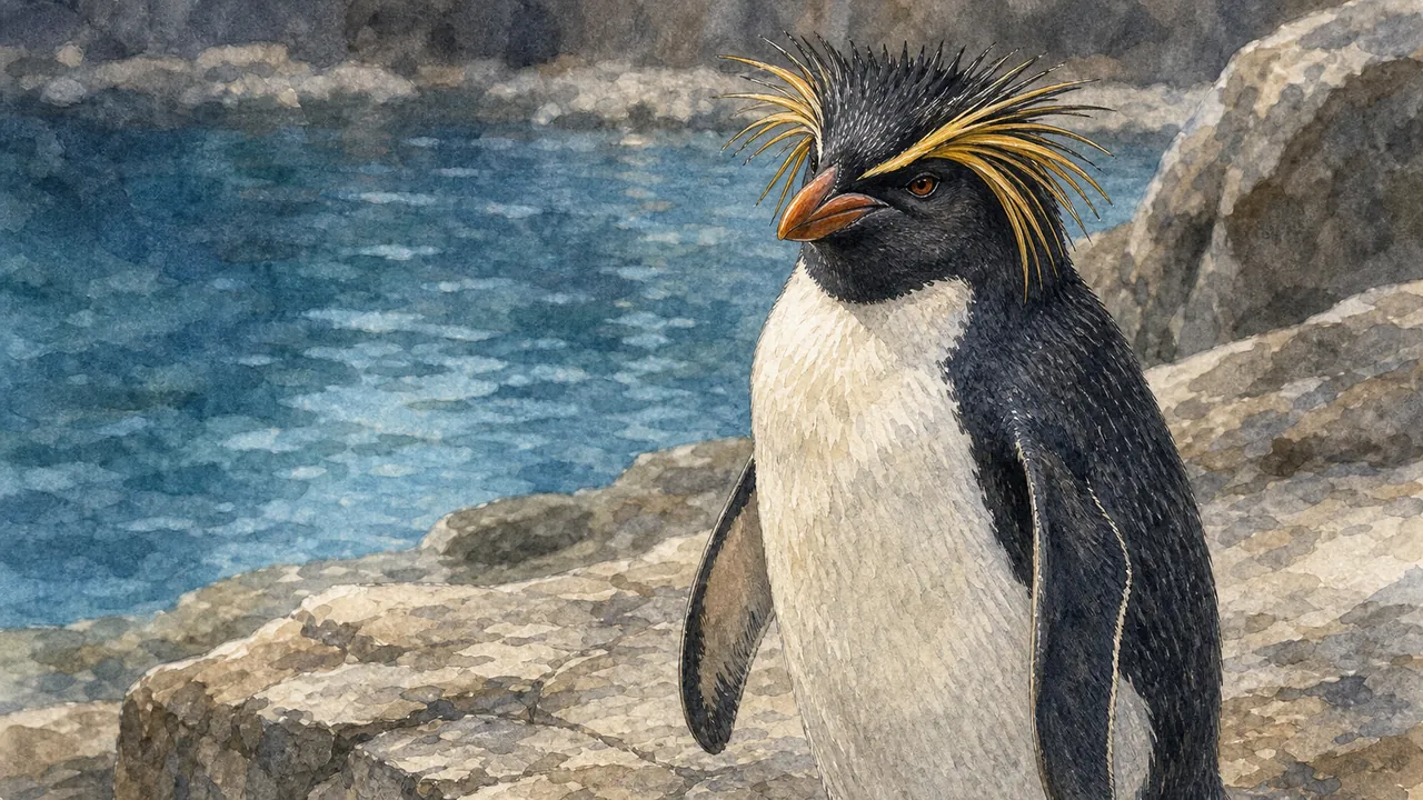 馬可羅尼企鵝(Eudyptes chrysolophus)站在 Detroit Zoo 近冰點展區,背後有冷色照明與仿冰岩面