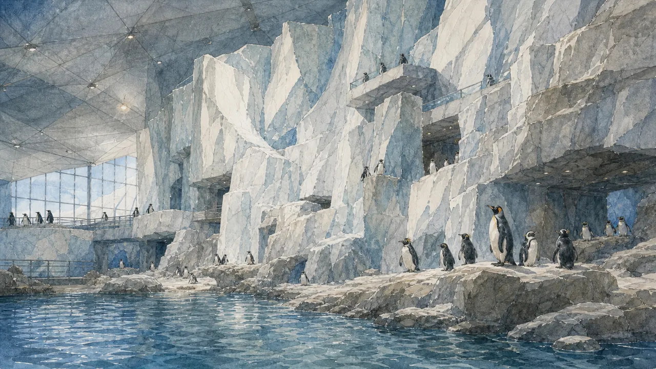 Detroit Zoo Polk Penguin Conservation Center 外觀像白色冰山,入口廣場與低矮植栽前方保留安靜動線