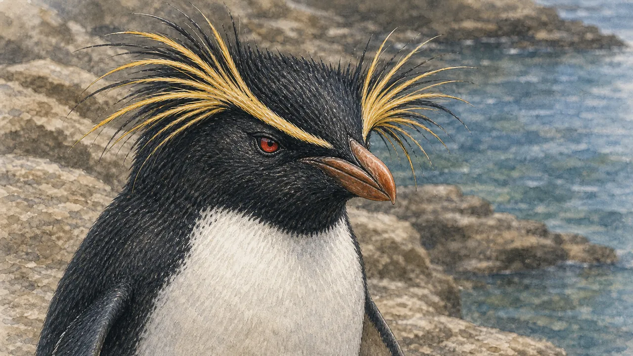 北方跳岩企鵝（Eudyptes moseleyi）站在 Edinburgh Zoo 岩角，黃色羽冠被風吹開，旁邊有國王企鵝（Aptenodytes patagonicus）頸部