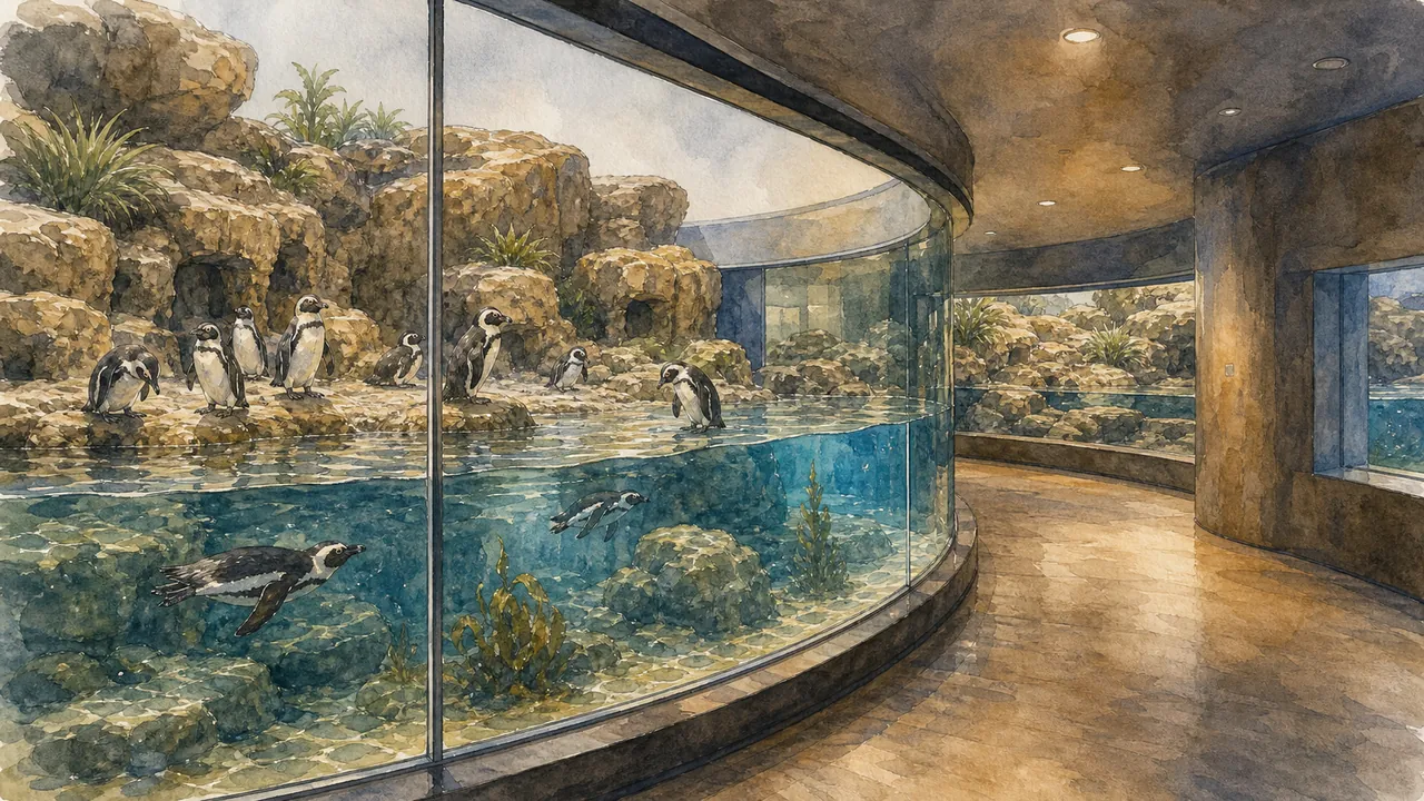 Georgia Aquarium Cold Water Quest 後場風格展區裡,非洲企鵝(Spheniscus demersus)站在低平台旁,旁邊有魚桶與清水