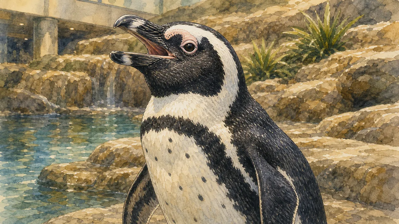 非洲企鵝(Spheniscus demersus)在淺水邊抬頭,照養員以餵食夾保持不觸碰的近距離照養