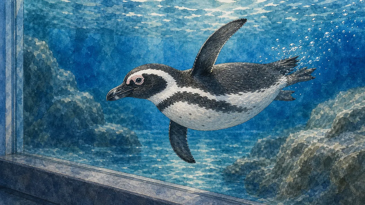 一隻麥哲倫企鵝 Spheniscus magellanicus 在水下展窗前快速轉彎,黑白胸帶在藍水中很明顯
