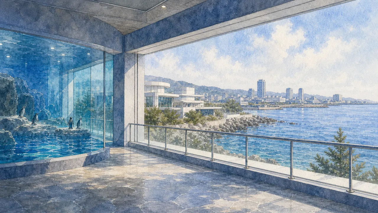 神戶海邊的新水族館外,低矮建築與海風中帶有麥哲倫企鵝展區的藍色光影