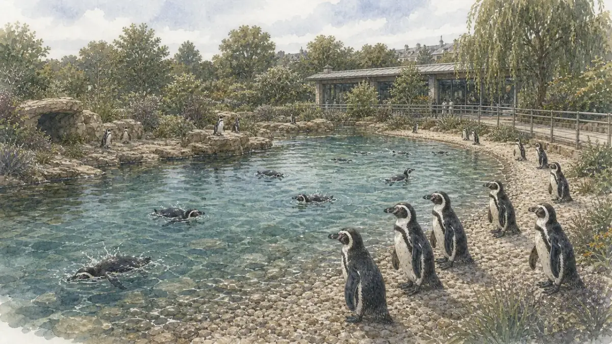London Zoo Penguin Beach 的漢波德企鵝(Spheniscus humboldti)在淺藍水池旁游動,背景有低矮園區圍欄
