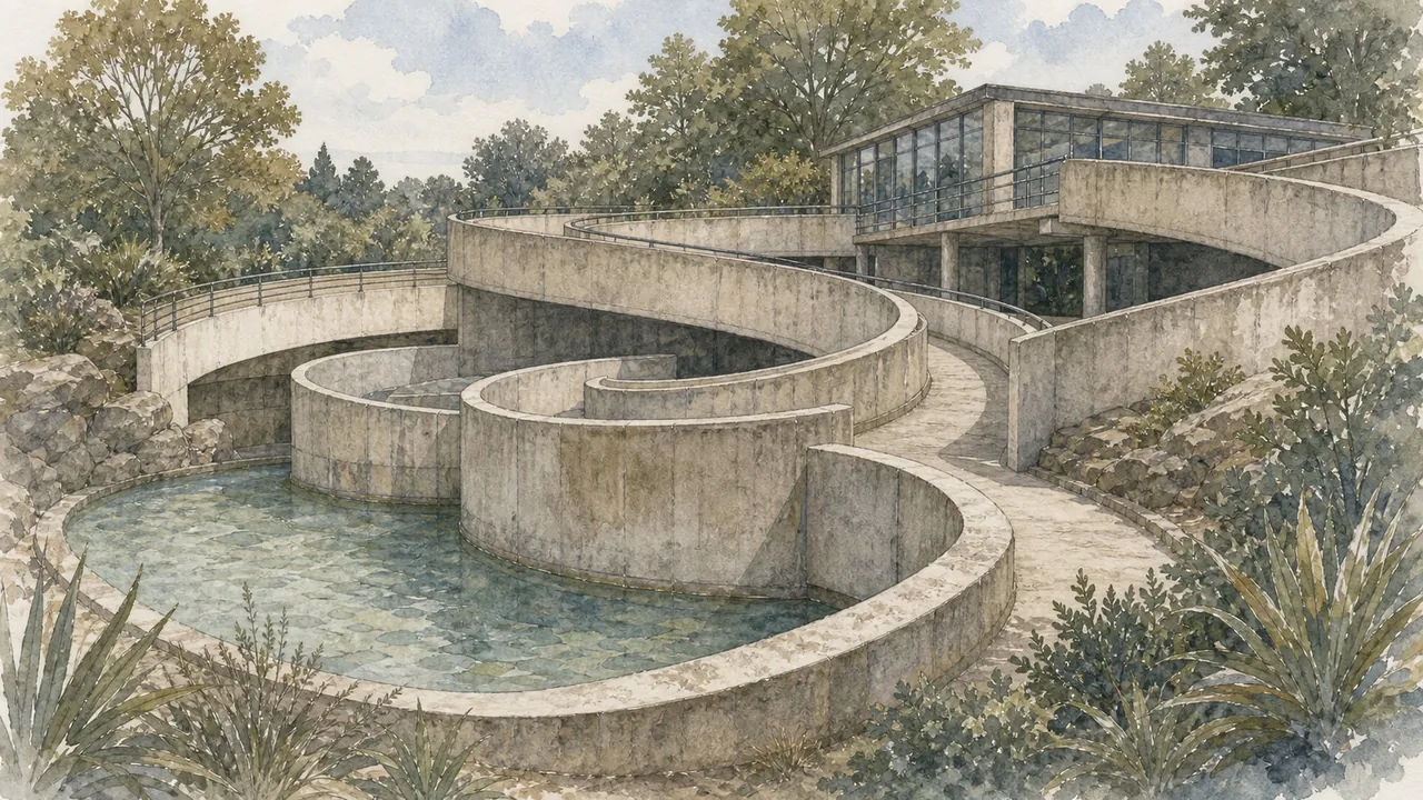 London Zoo 1934 年 Lubetkin Penguin Pool 白色螺旋坡道空置在樹影下,呈現企鵝池建築史