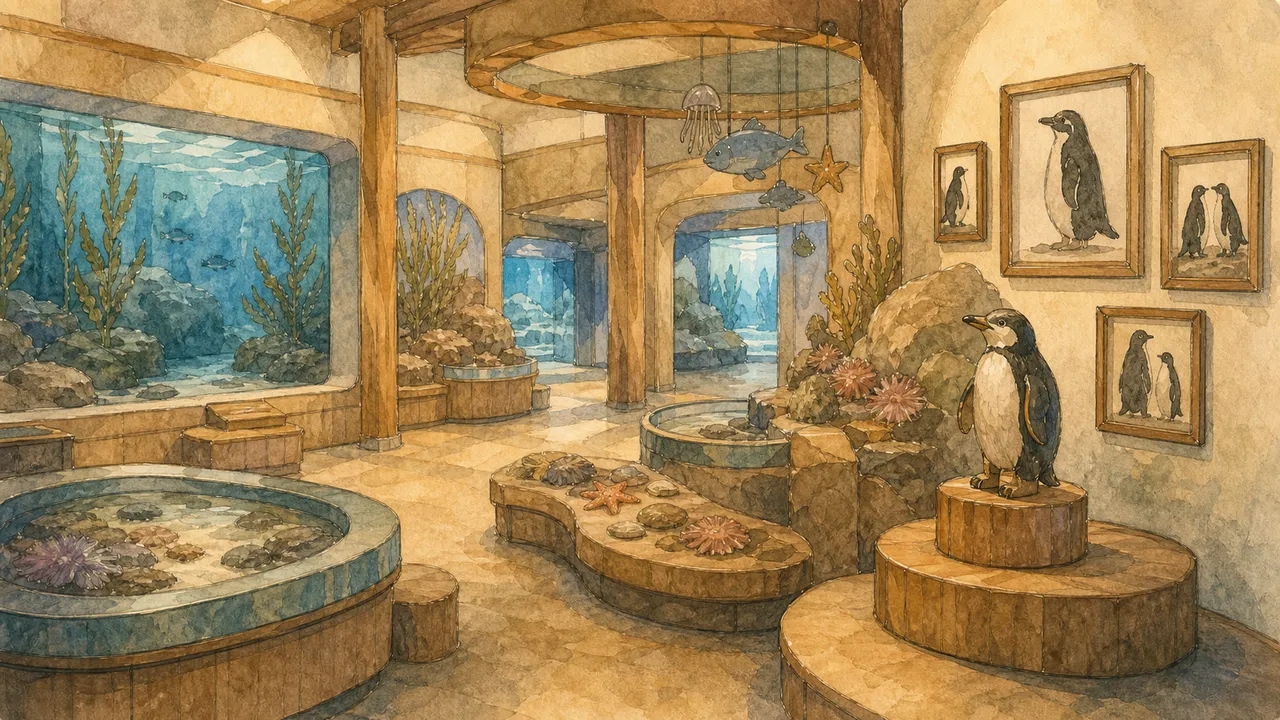 Monterey Bay Aquarium 外的 Cannery Row 海邊建築,前景放著非洲企鵝 Spheniscus demersus not on view 狀態更新筆記