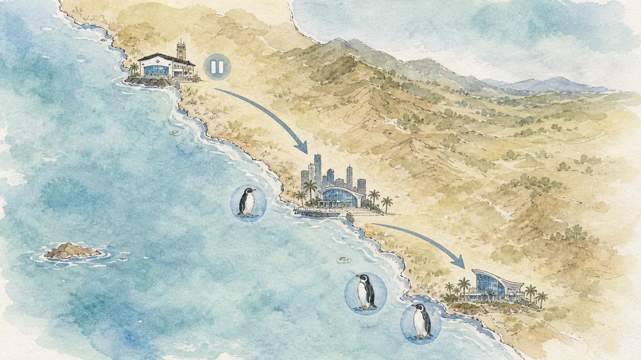 一張加州海岸企鵝替代路線圖,把 Monterey 標為海獺與永續海鮮,把非洲企鵝箭頭導向 San Diego 和 Long Beach