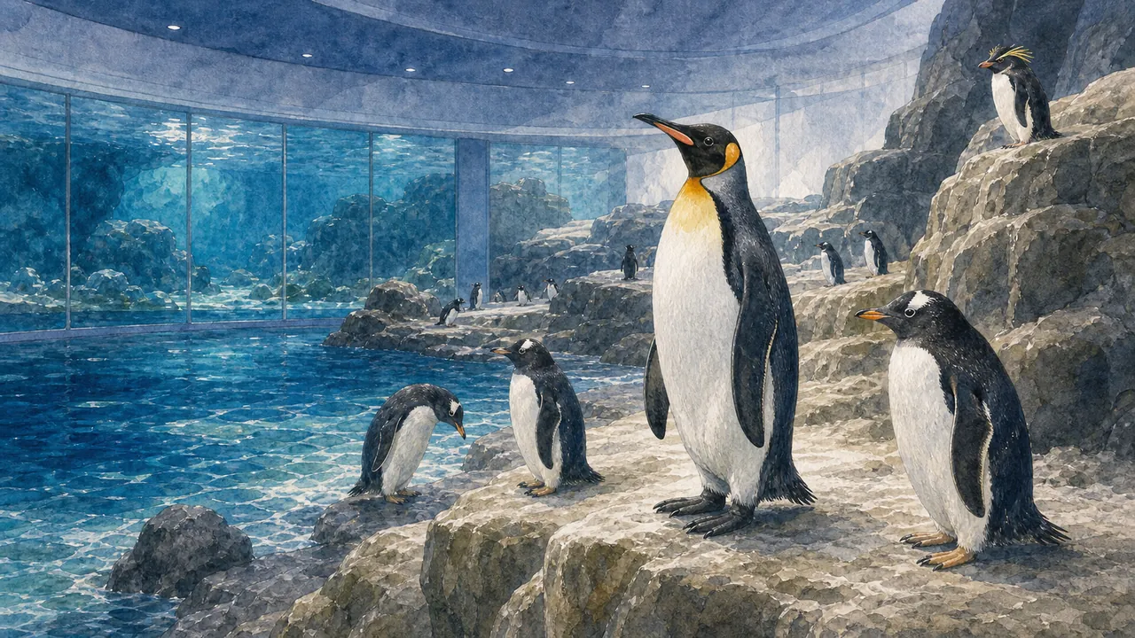 香港海洋公園 South Pole Spectacular 企鵝展,國王企鵝 Aptenodytes patagonicus 與巴布亞企鵝 Pygoscelis papua 站在冷藍展區前