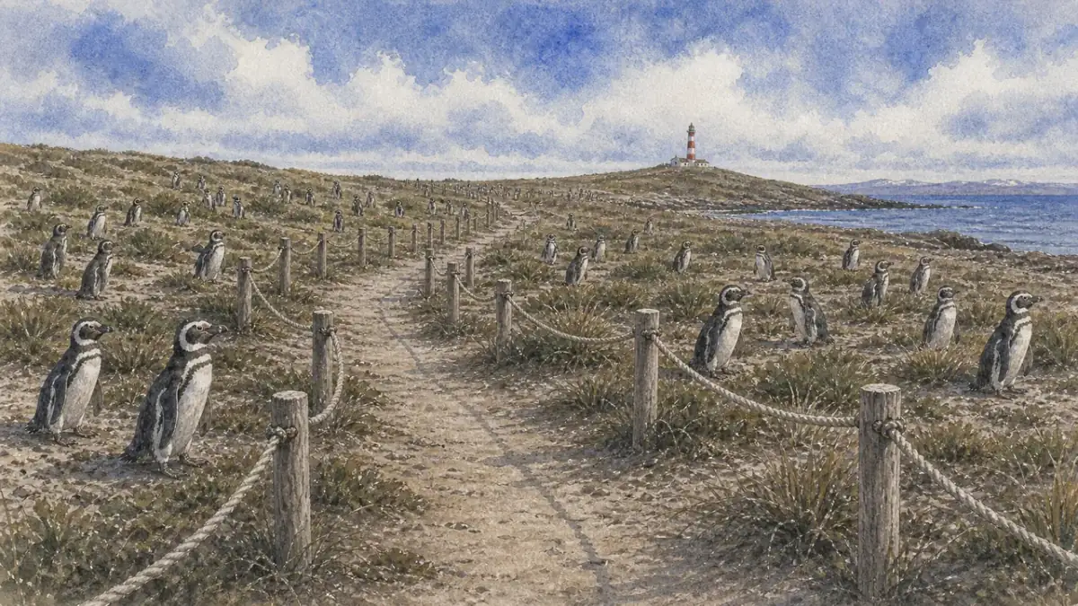Magdalena Island 麥哲倫企鵝 Spheniscus magellanicus 從洞穴旁抖掉沙土,背後有低草和風中的海鳥