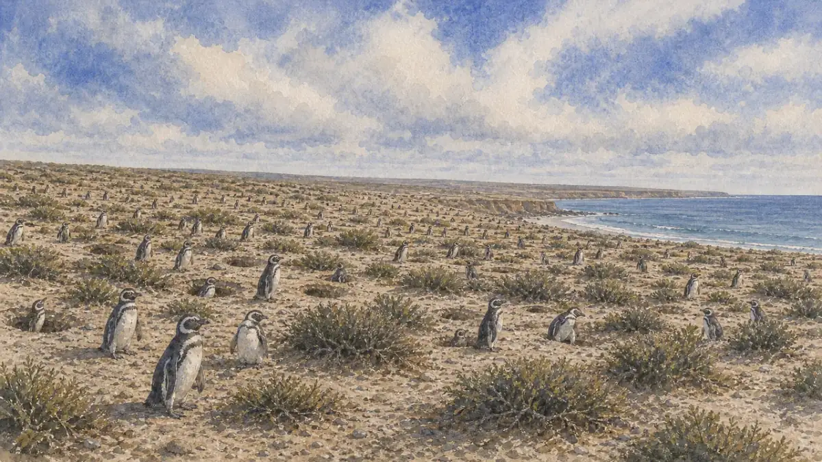Punta Tombo 麥哲倫企鵝 Spheniscus magellanicus 從巴塔哥尼亞乾燥海岸的灌叢洞穴走向藍綠色海面