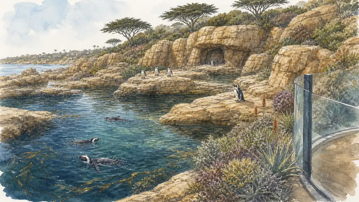 非洲企鵝(Spheniscus demersus)站在 San Diego Zoo Africa Rocks 岩岸,後方有低矮木棧道與加州天空