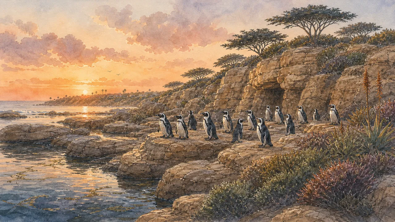 San Diego Zoo Africa Rocks 的非洲企鵝(Spheniscus demersus)從岩洞旁下水,遊客保持安靜觀察距離