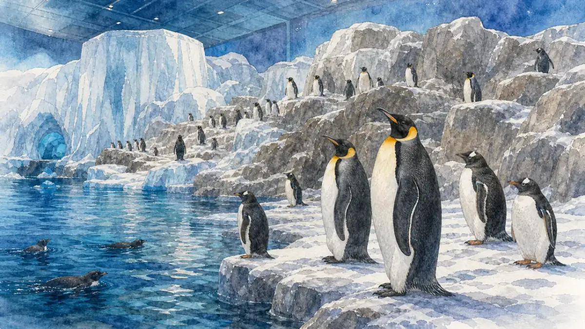 SeaWorld Orlando Antarctica Realm 內,國王企鵝(Aptenodytes patagonicus)與帝企鵝(Aptenodytes forsteri)站在冰藍低溫展區