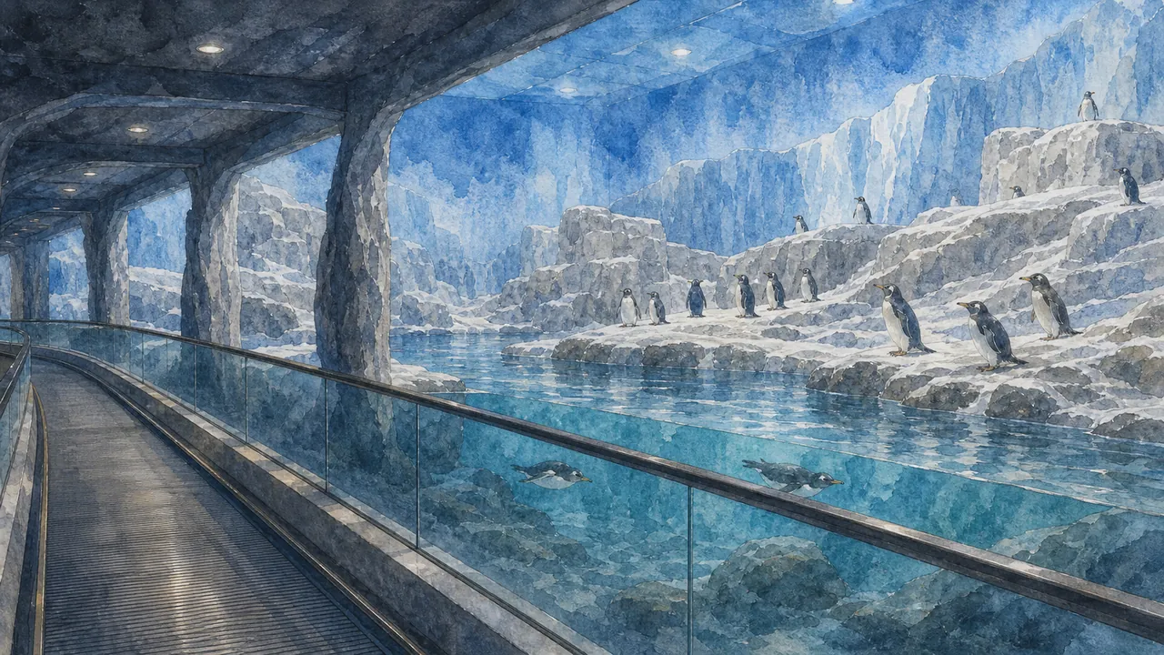 SeaWorld San Diego Penguin Encounter 低光展區內,國王企鵝(Aptenodytes patagonicus)等五種南極與亞南極企鵝站在冰雪場景