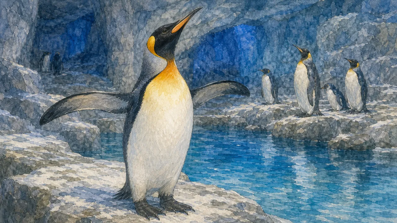 馬可羅尼企鵝(Eudyptes chrysolophus)在岩面旁整理羽毛,旁邊有國王企鵝(Aptenodytes patagonicus)直立站著
