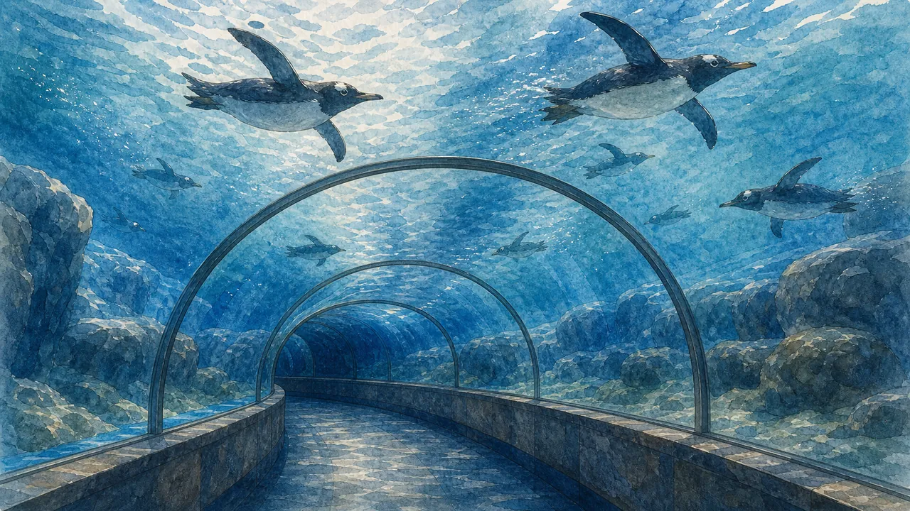 SeaWorld San Diego Penguin Encounter 的企鵝在壓克力玻璃後水下轉彎,低溫水面反射深藍色