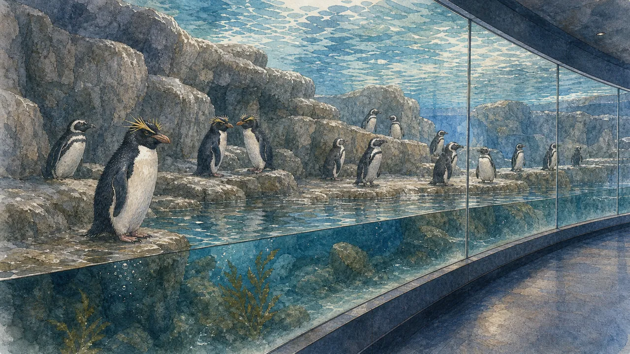 Shedd Aquarium Polar Play Zone 中,麥哲倫企鵝(Spheniscus magellanicus)在水下游過,南方跳岩企鵝(Eudyptes chrysocome)站在岩岸