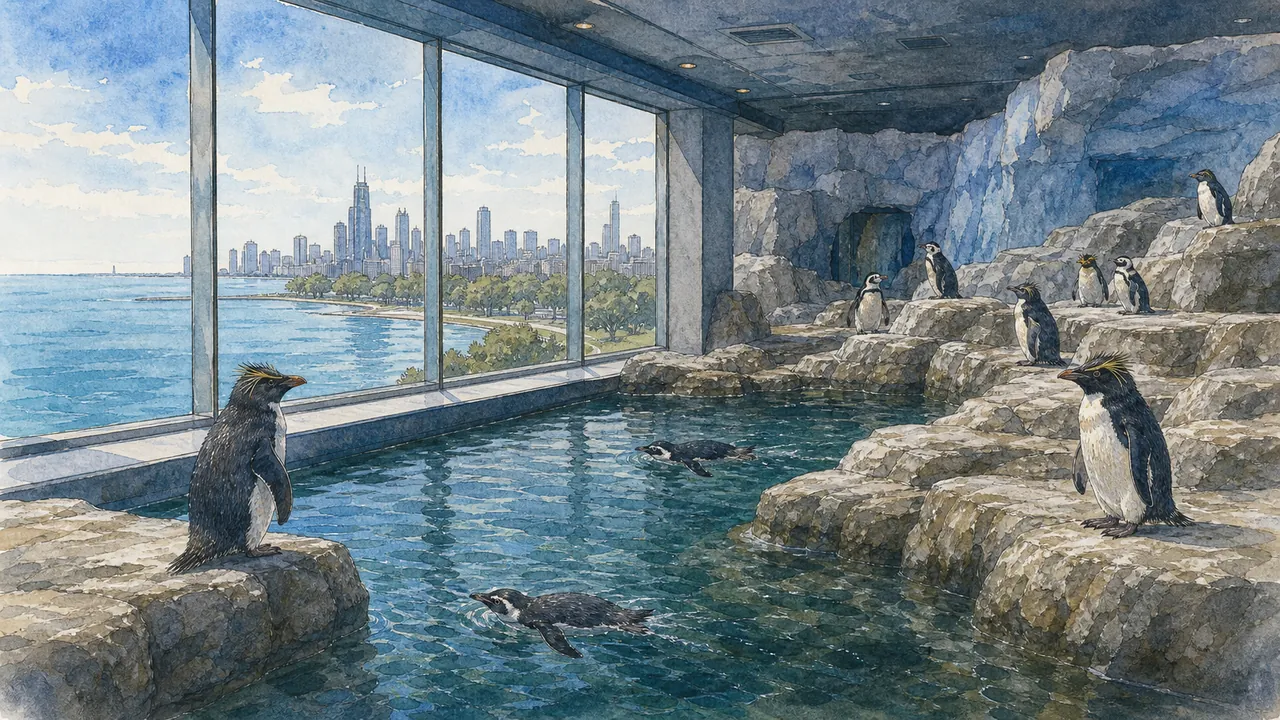 芝加哥 Shedd Aquarium 藍色室內展窗前,麥哲倫企鵝與南方跳岩企鵝在水面和岩岸之間切換