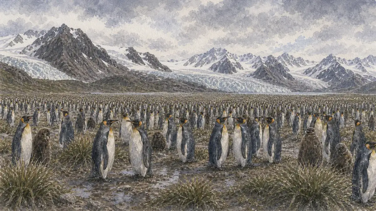 南喬治亞國王企鵝 Aptenodytes patagonicus 大族群密集延伸在黑沙灘和冰川前方