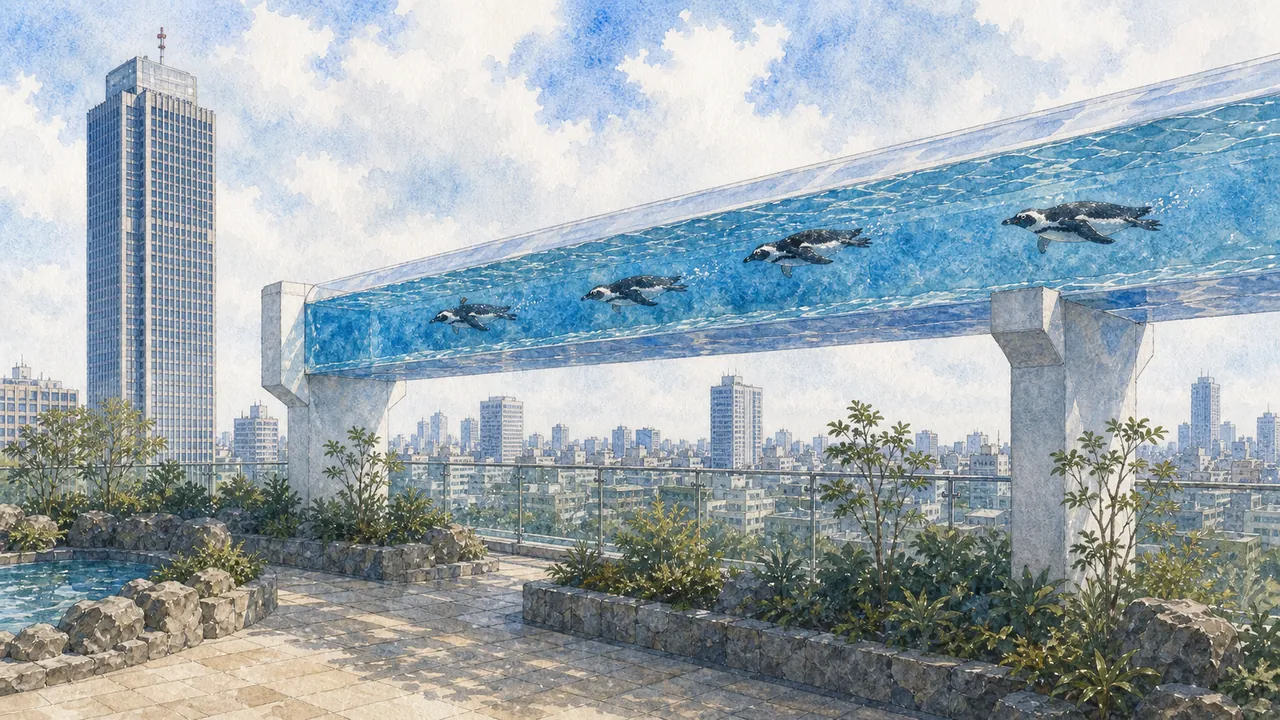 池袋 Sunshine Aquarium 天空企鵝水槽中,非洲企鵝 Spheniscus demersus 從透明水面下游過,背景是東京高樓