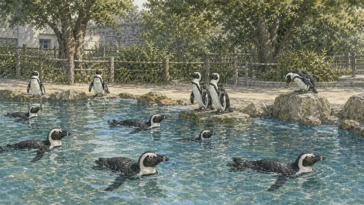上野動物園西園的安靜展區裡,非洲企鵝 Spheniscus demersus 站在低矮岩面與淺水池旁