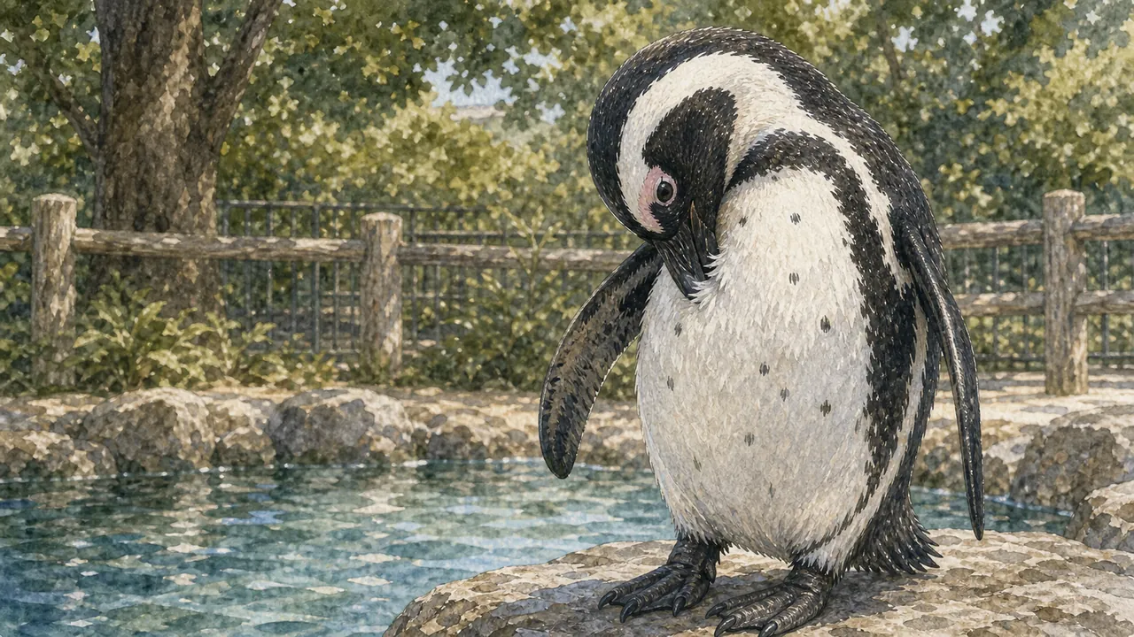 一隻非洲企鵝 Spheniscus demersus 低頭整理胸前羽毛,背景是上野動物園的樹影與木欄