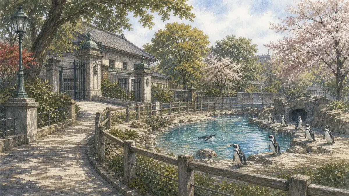 上野公園綠蔭旁的動物園步道,遠處低矮展區裡有非洲企鵝 Spheniscus demersus 靠近水面