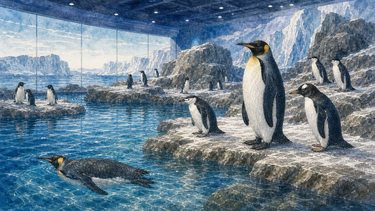 八景島 Aqua Museum 冰海區裡,國王企鵝 Aptenodytes patagonicus、巴布亞企鵝 Pygoscelis papua 和帽帶企鵝站在冷色展區