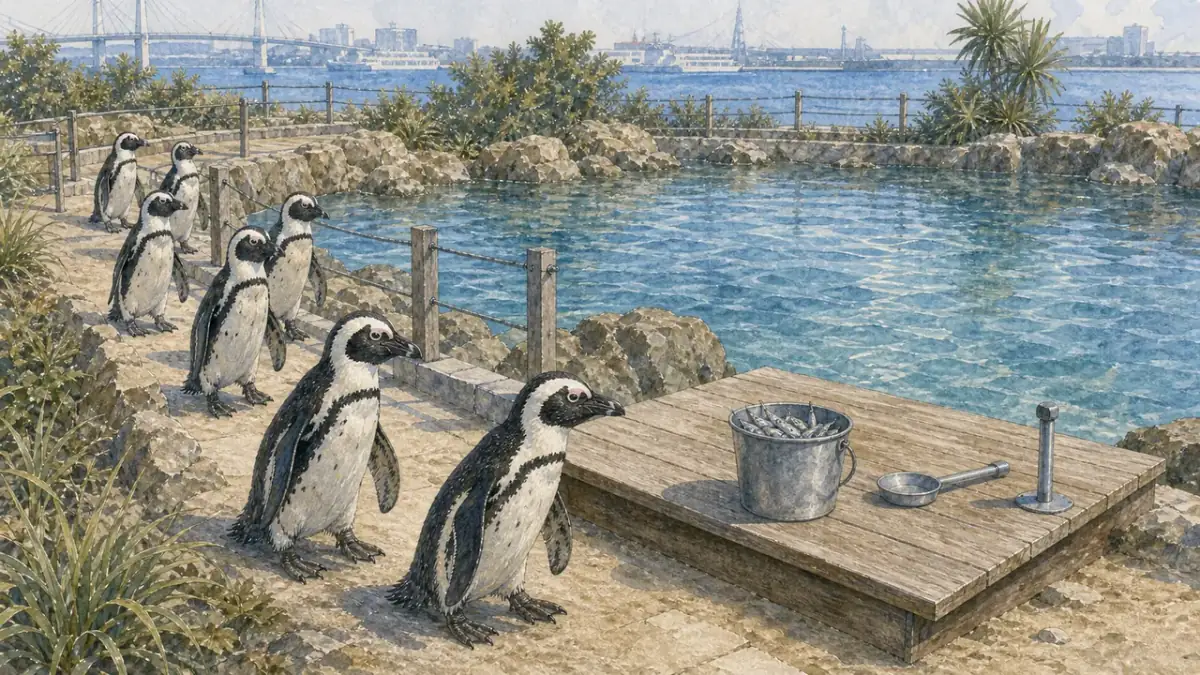 Fureai Lagoon 中,非洲企鵝 Spheniscus demersus 沿著低矮步道前進,旁邊有照養員保持距離