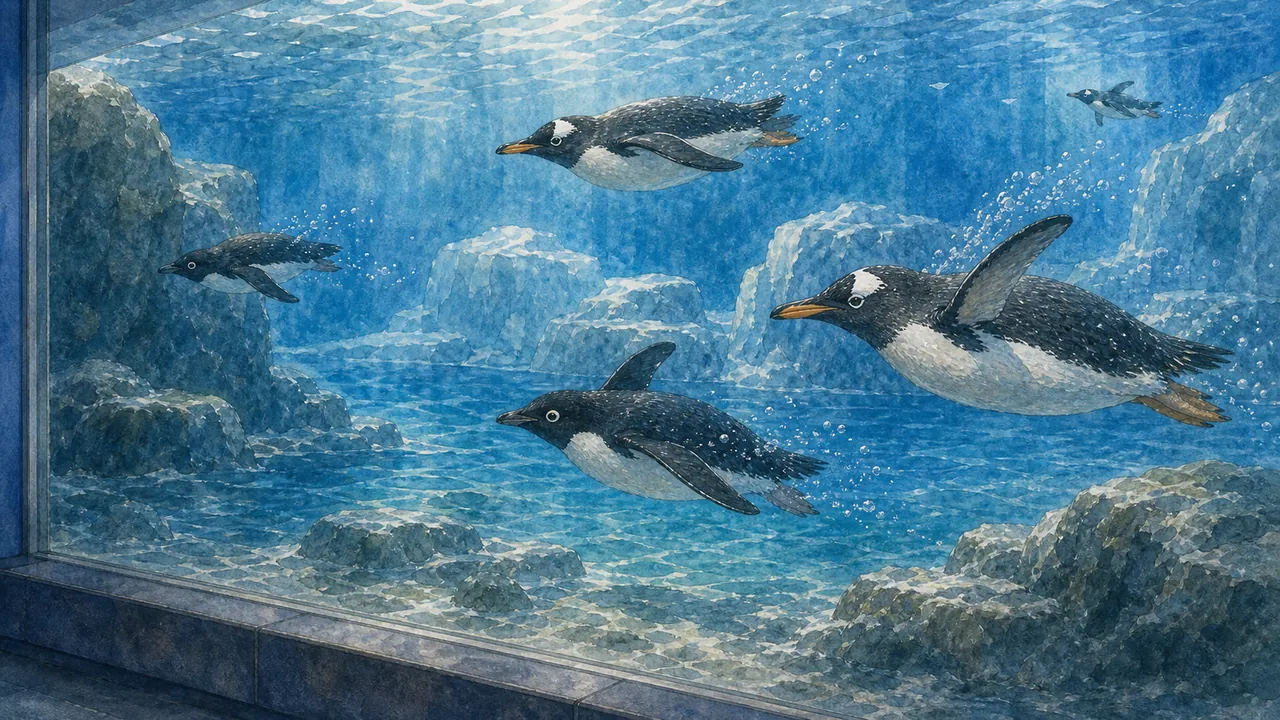 透明水下窗前,阿德利企鵝 Pygoscelis adeliae 和巴布亞企鵝 Pygoscelis papua 在冷藍色水域中交錯游過